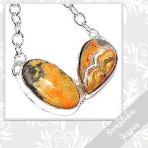 Bumblebee Jasper Large Silver Artisan Necklace, 15” Gold / Yellow, Orange, Black